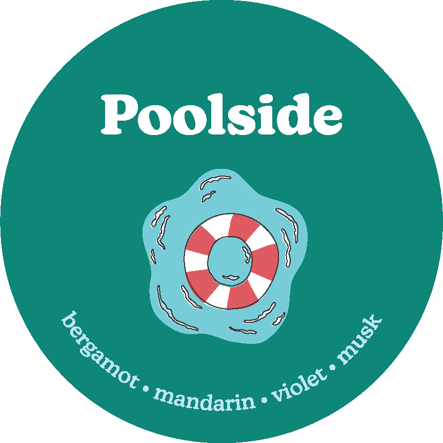 Teal circular label with "Poolside" text, red and white life preserver, and scent notes including bergamot, mandarin, violet,