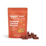 Orange pouch of Happy Wax pumpkin almond biscotti scented soy wax melts with brown wax chunks displayed beside it.