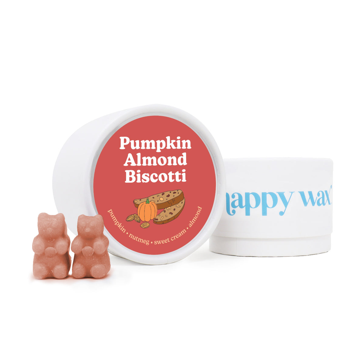 Two rose-colored bear-shaped wax melts next to a white container with red label and a white jar with blue text.