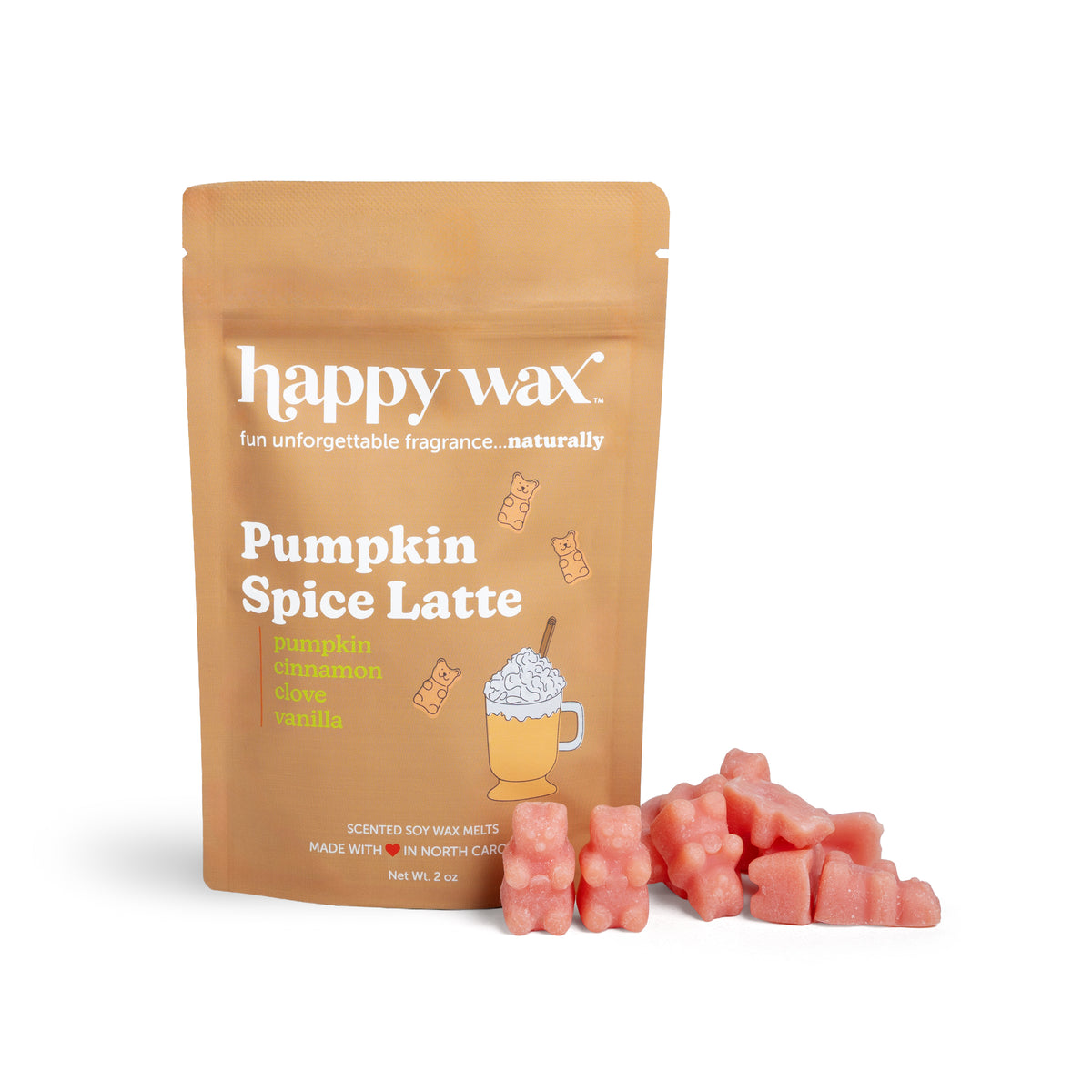 Tan pouch of happy wax pumpkin spice latte wax melts with coral-colored wax chunks displayed in front.