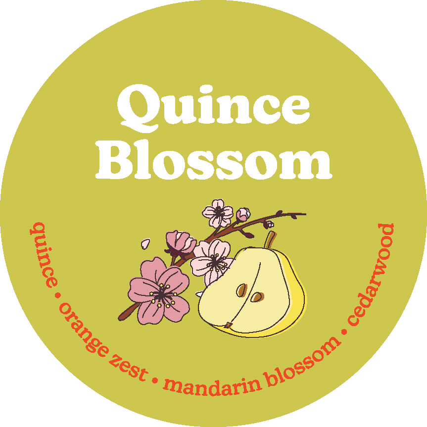 Yellow-green circular label for Quince Blossom wax melts with illustrated quince fruit and pink blossoms.