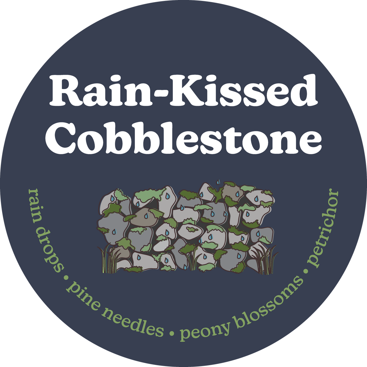 Dark blue circular wax melt label with white product name, illustrated wet cobblestones, green moss, and rain droplets, with 