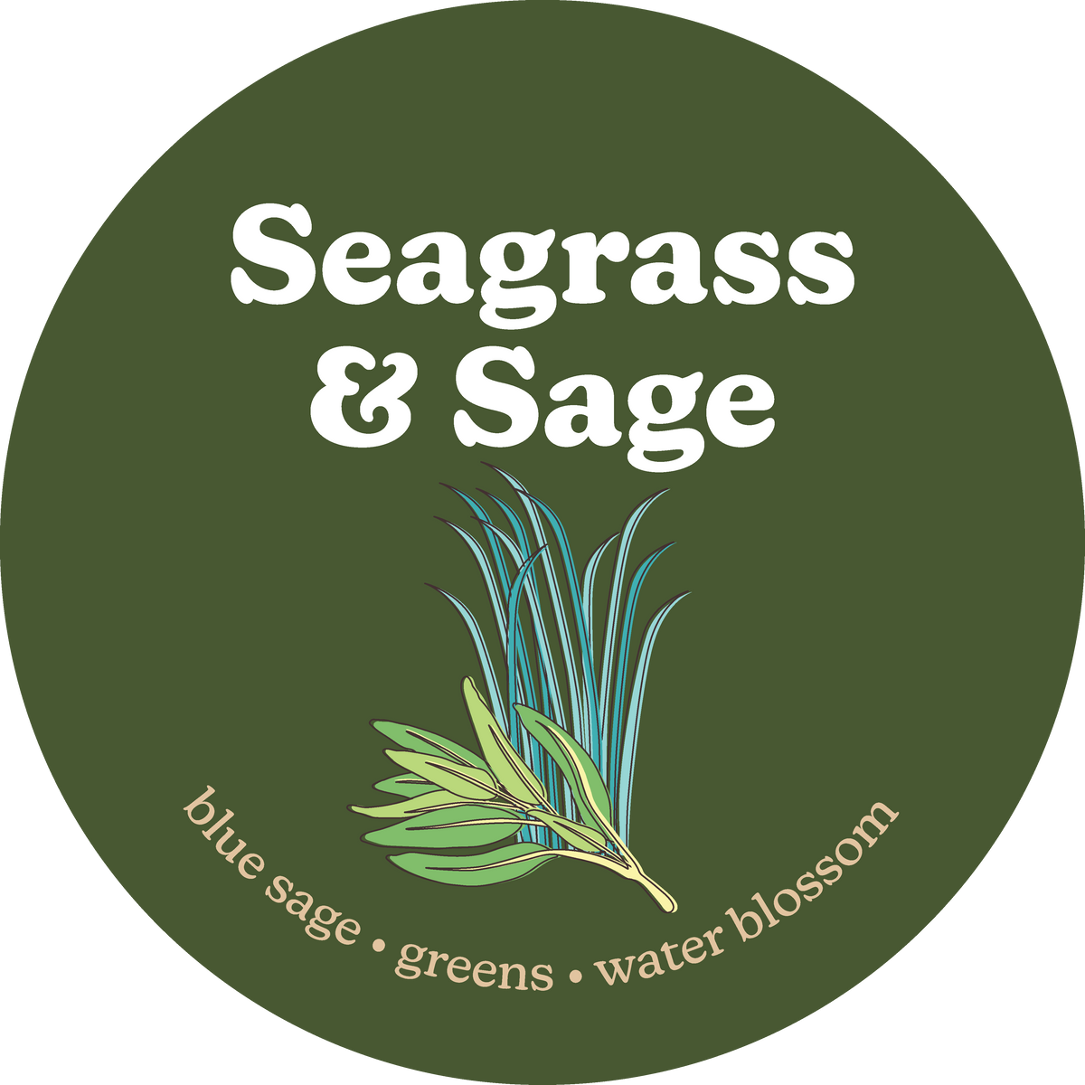Round green label with white text reading "Seagrass & Sage" and illustrated sage and seagrass plants.