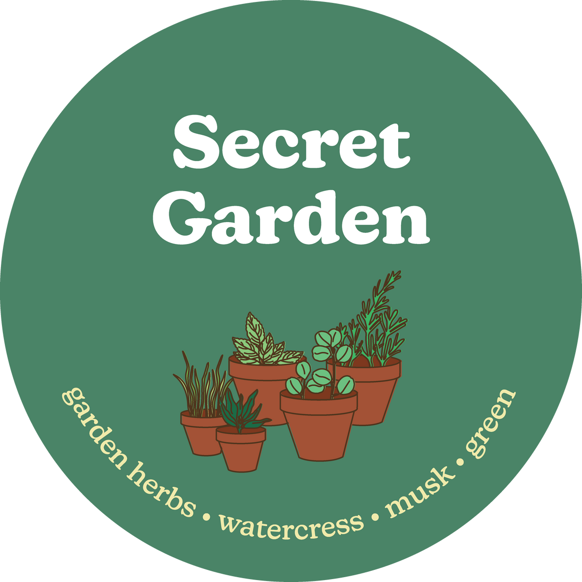 Round green wax melt label with potted plants and "Secret Garden" text listing garden herbs, watercress, and musk green scent