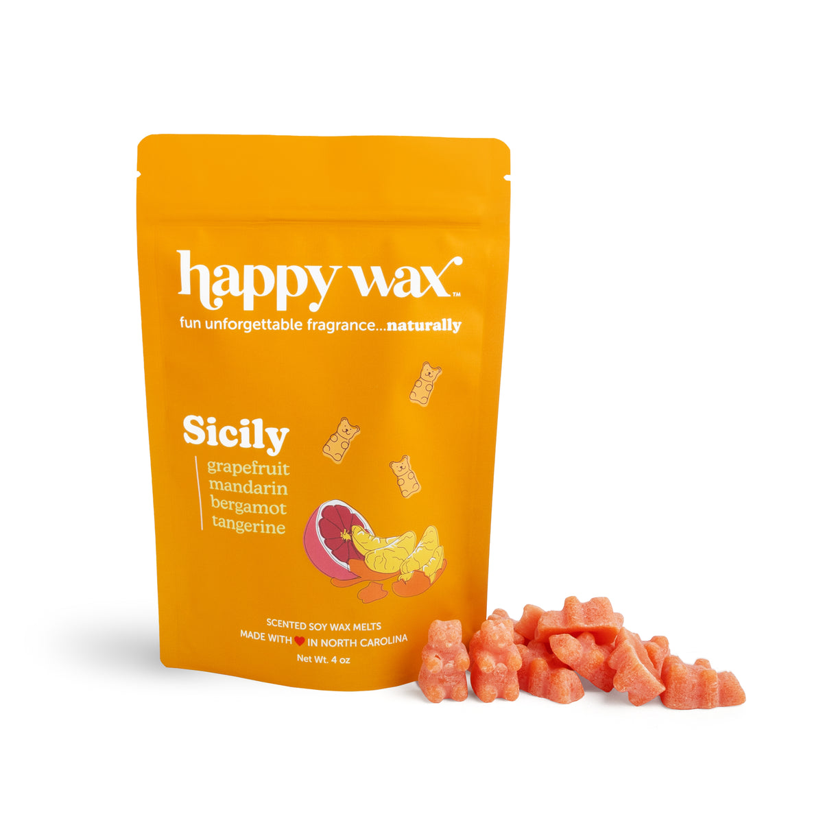 Orange pouch of Happy Wax Sicily scented soy wax melts with coral-colored wax chunks displayed beside it.