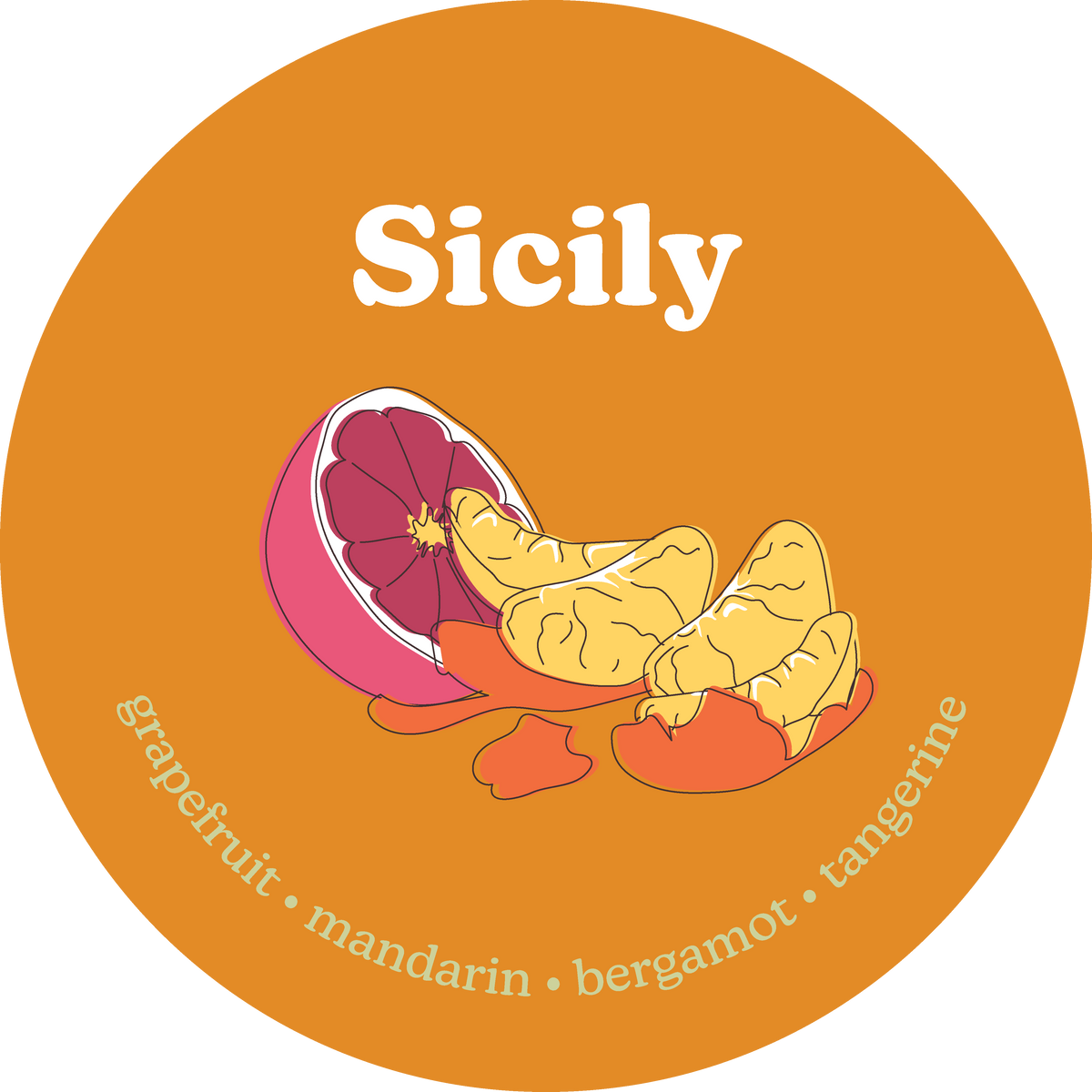 Round orange label with grapefruit, ginger, and mandarin illustration, text reading "Sicily" and scent notes.