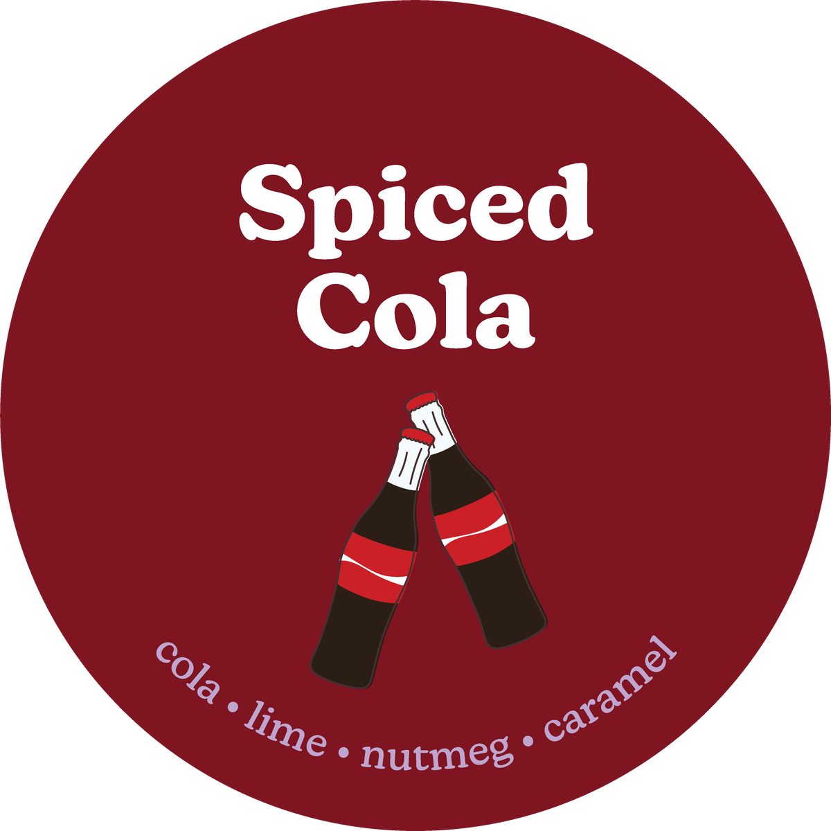 Dark red circular wax melt label with white "Spiced Cola" text and two cola bottles illustration.