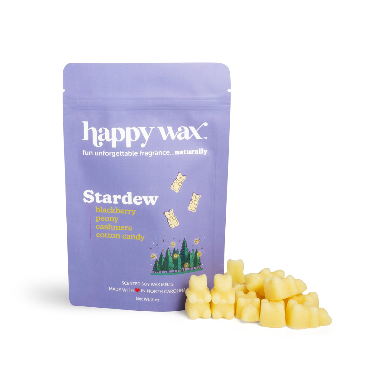 Purple pouch of Happy Wax Stardew wax melts with pale yellow wax cubes displayed beside it.
