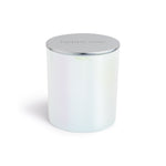 White cylindrical jar with silver metal lid and embossed text on top.