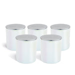 Five white cylindrical jars with silver metal lids arranged in a group.