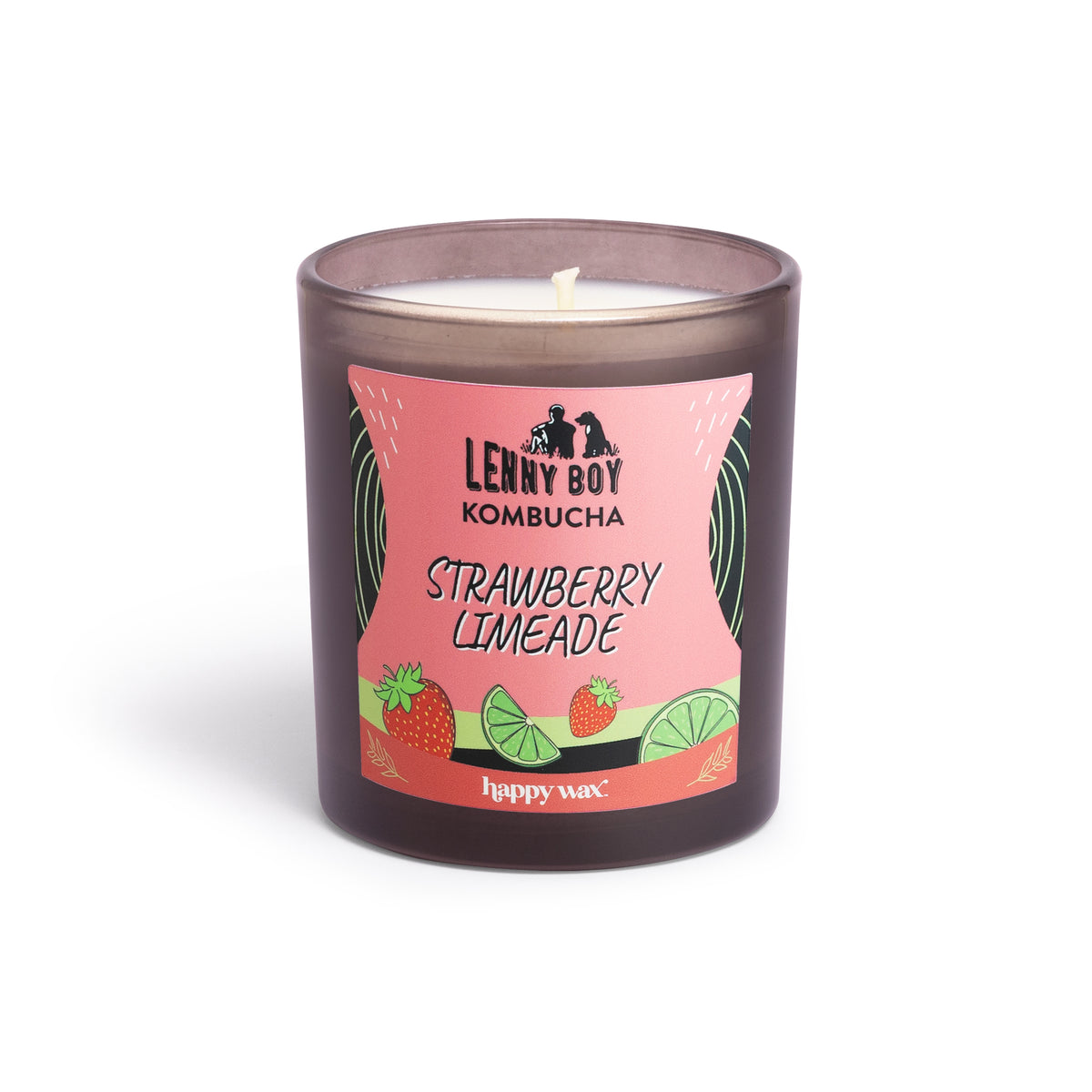Dark frosted glass candle with pink label featuring strawberry and lime illustrations, single white wick visible.