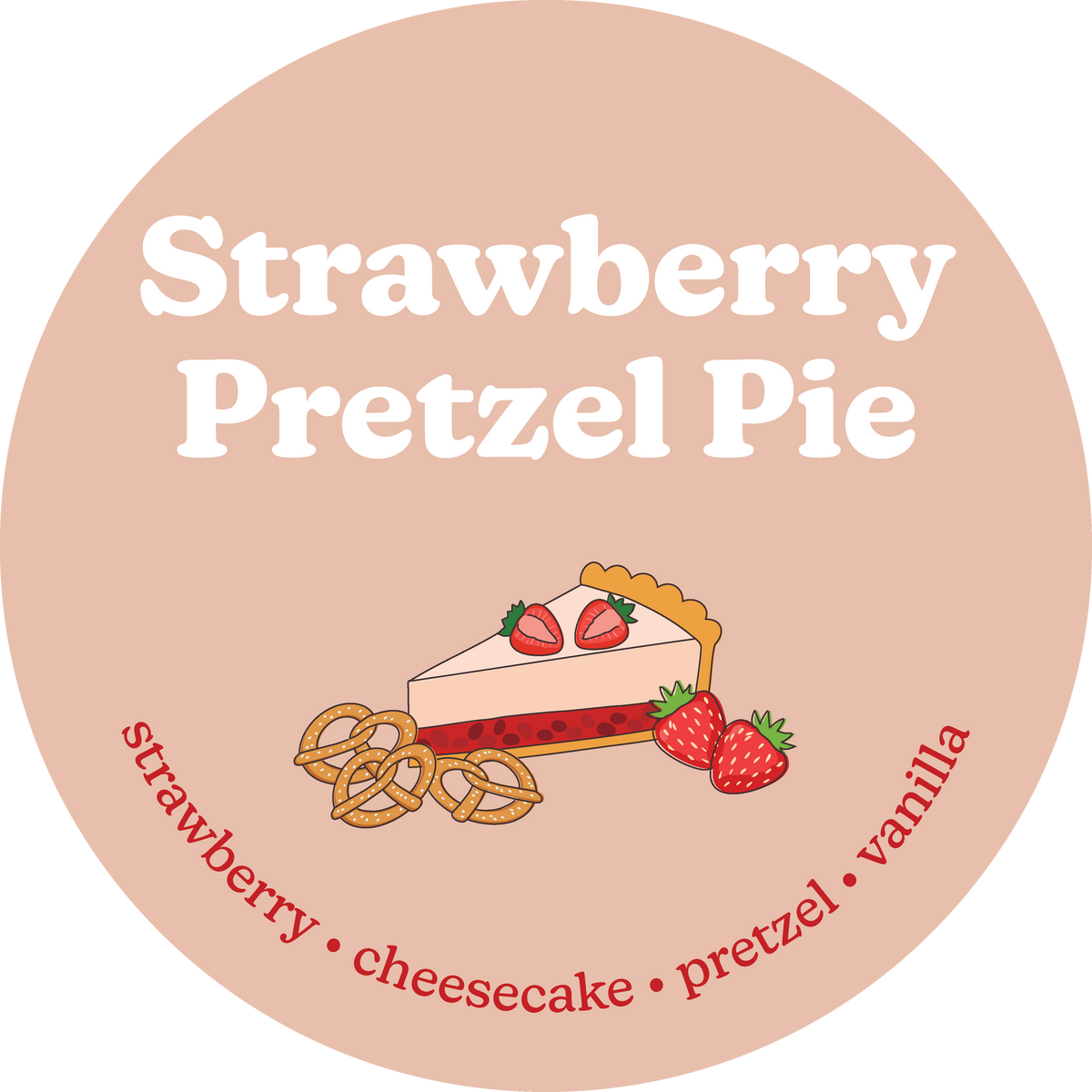 Circular label with beige background, white text reading "Strawberry Pretzel Pie" and illustrated slice of pie with strawberr