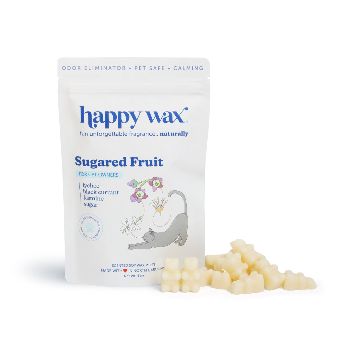 White pouch of Happy Wax Sugared Fruit pet wax melts with cream-colored wax pieces displayed beside it.