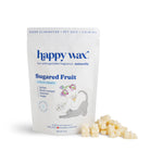 White pouch of Happy Wax Sugared Fruit wax melts with cream-colored wax cubes displayed beside it.