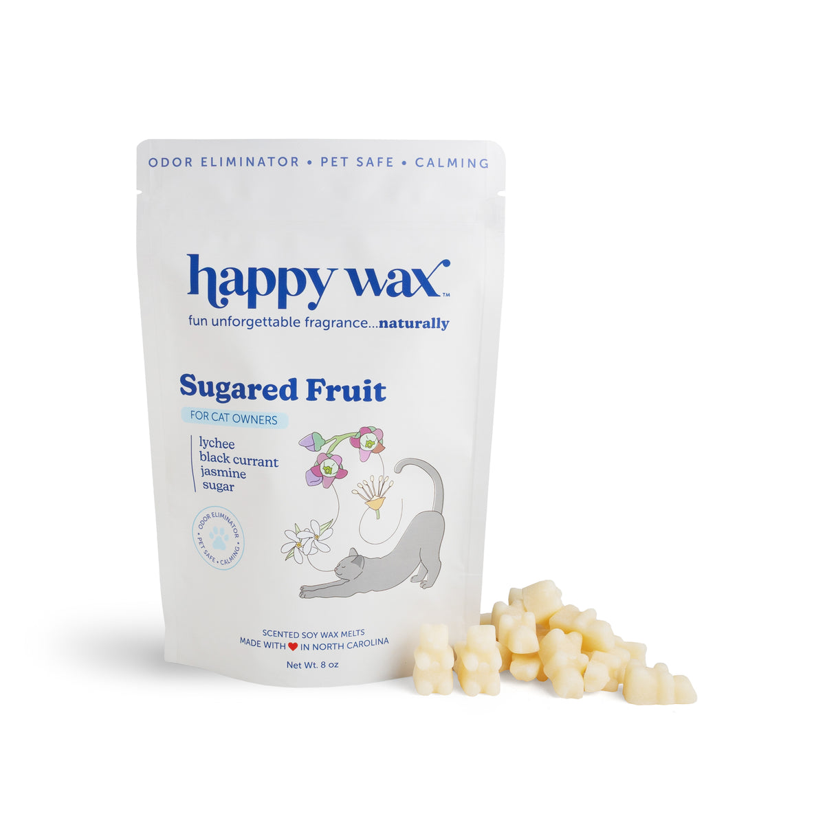 White pouch of Happy Wax Sugared Fruit wax melts with cream-colored wax cubes displayed beside it.