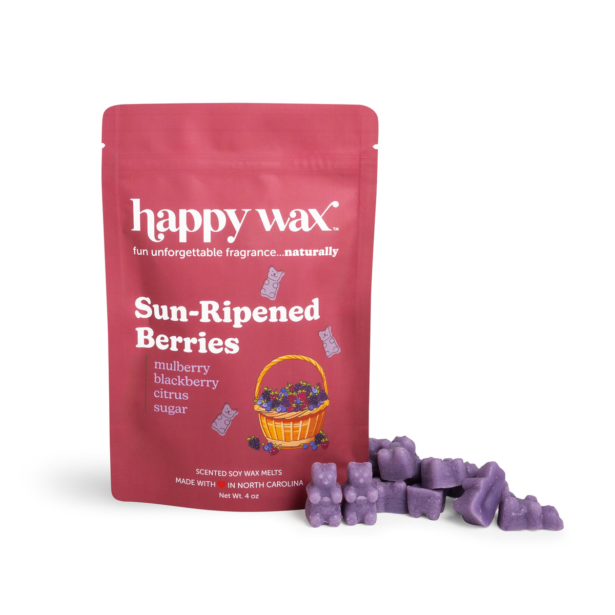 Red pouch of Happy Wax Sun-Ripened Berries wax melts with purple wax pieces displayed beside it.