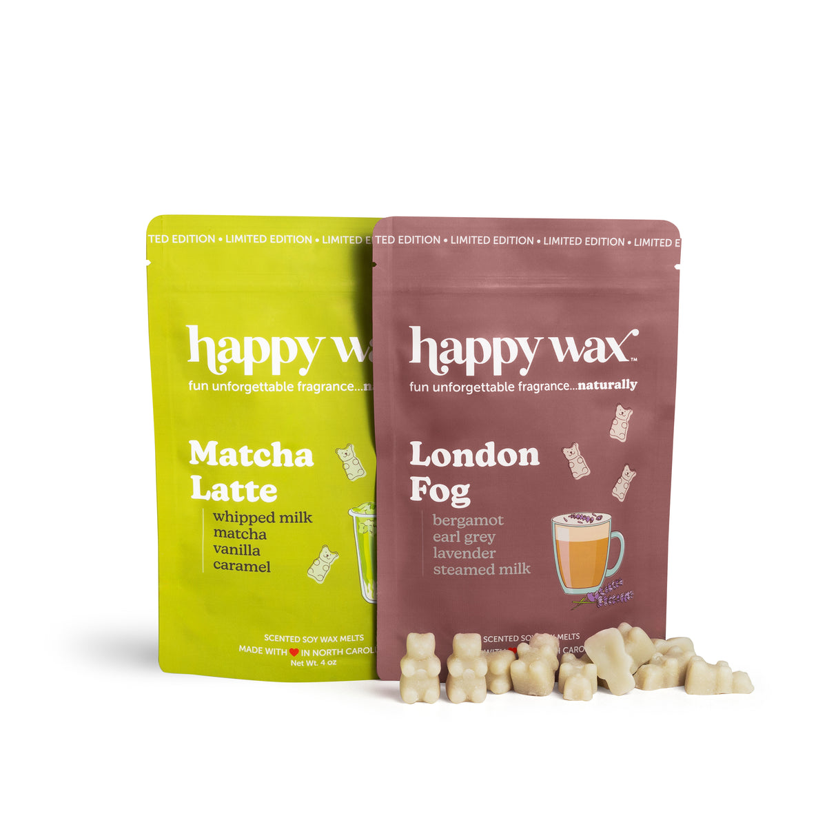 Two scented wax melt pouches in lime green and burgundy with Matcha Latte and London Fog varieties, surrounded by cream-color