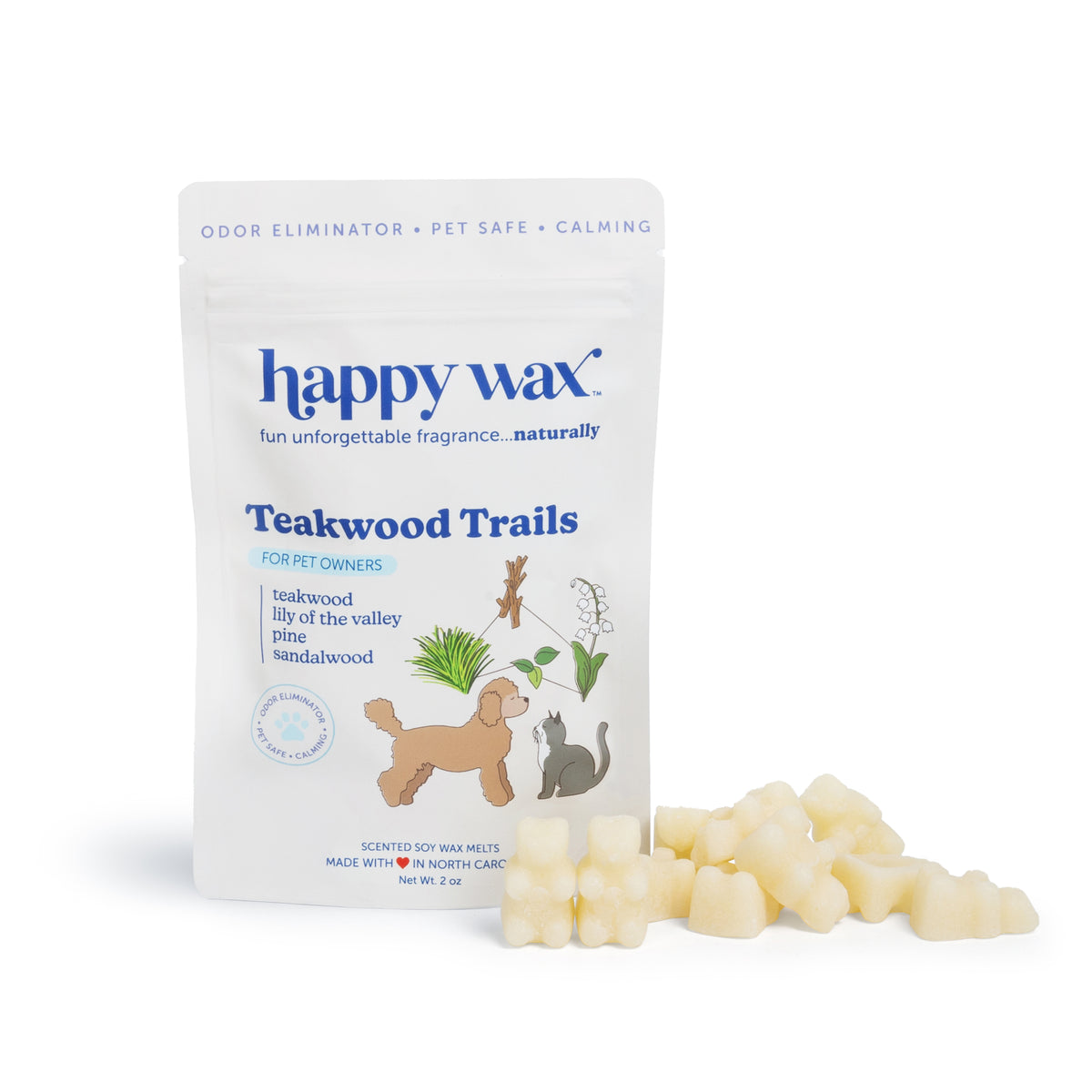 White pouch of Happy Wax Teakwood Trails pet wax melts with cream-colored wax pieces displayed in front.