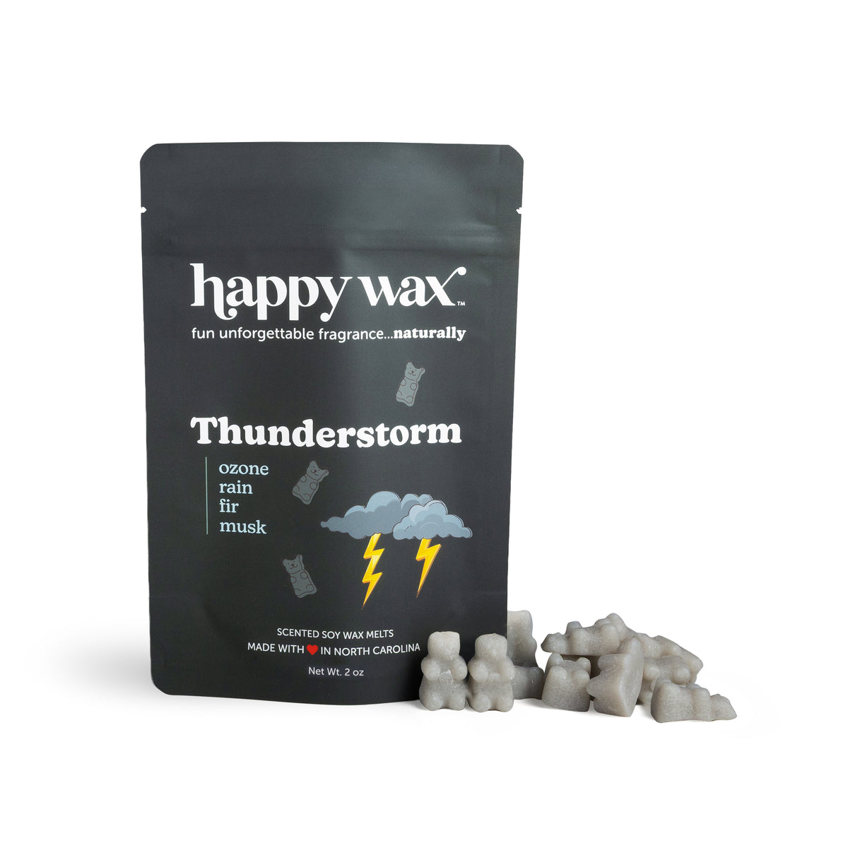 Dark grey pouch of thunderstorm scented soy wax melts with grey wax bears on white background