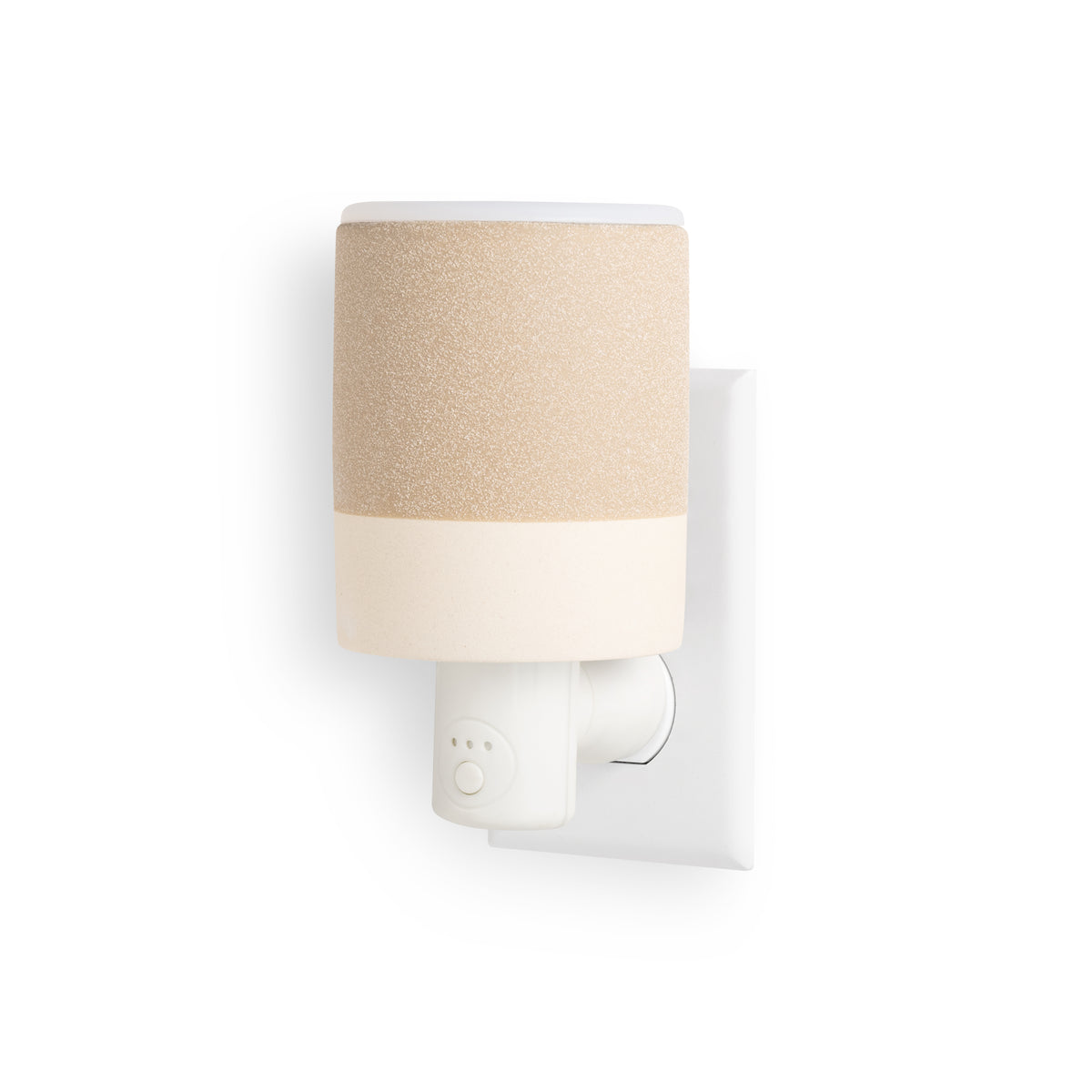 Beige and white cylindrical wax warmer with timer outlet plug attached to base.