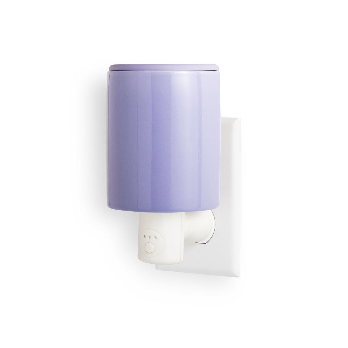 Purple cylindrical wax warmer with white plug-in base and control button.