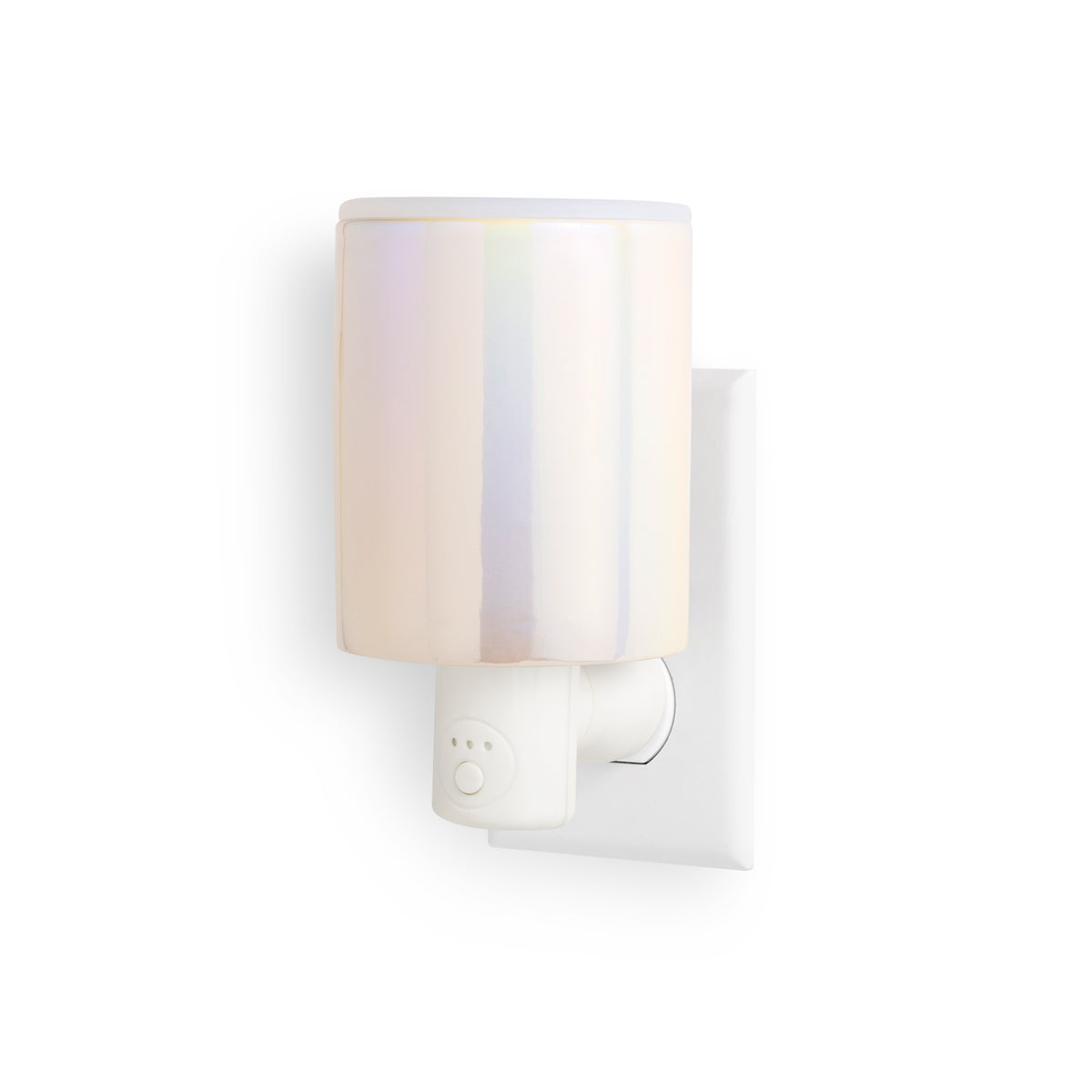 White wall-mounted wax warmer with cylindrical frosted glass top and outlet plug base with timer control button.