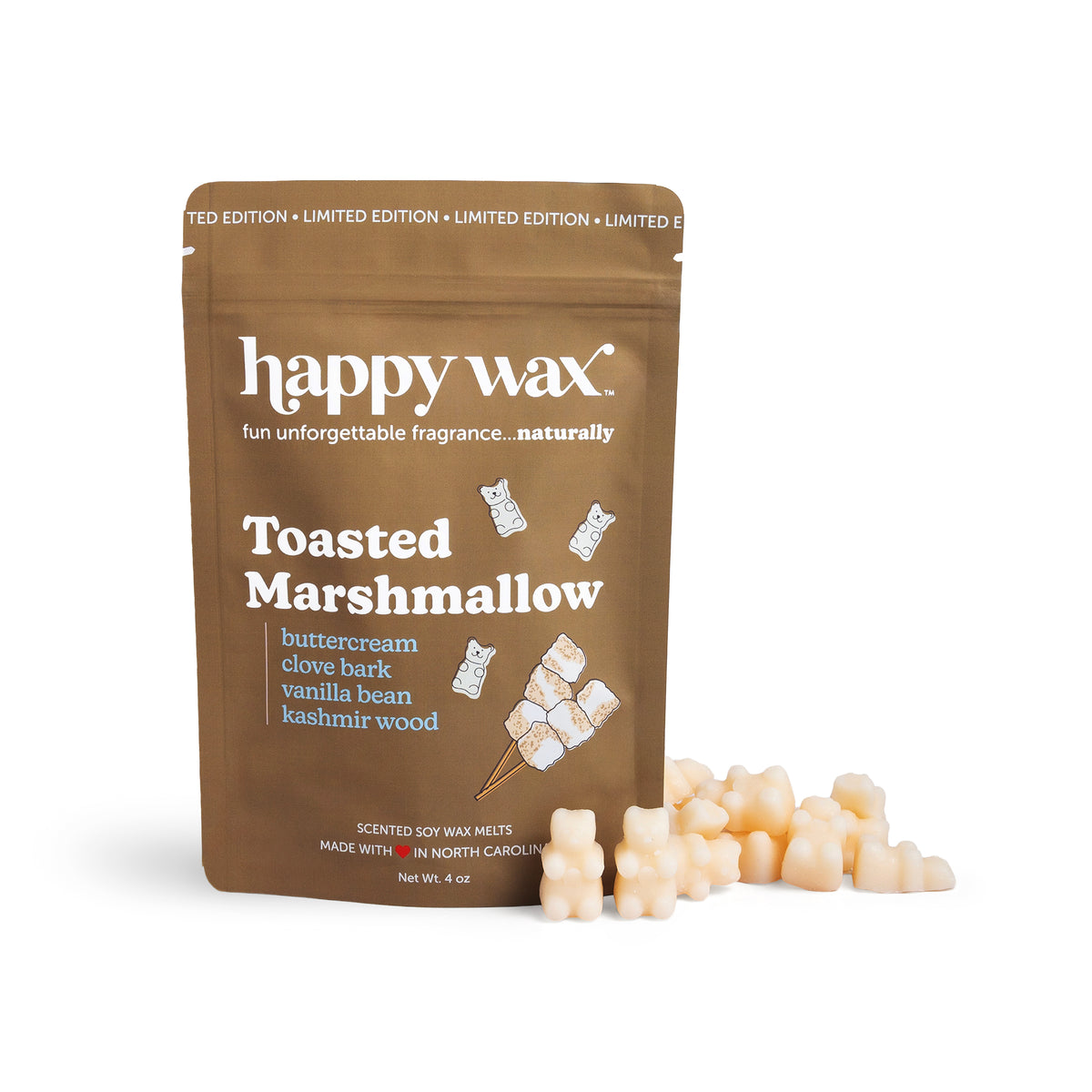 Happy Wax Toasted Marshmallow Pouch with white wax bears on white background
