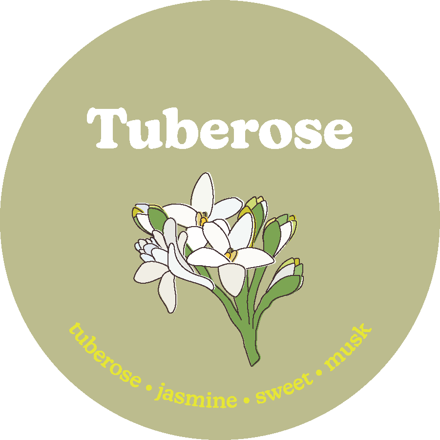 Sage green circular wax melt label with white tuberose flowers and green stems, text reads "Tuberose" and scent notes.