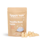 Tan kraft pouch of Happy Wax Vanilla Bean Latte wax melts with cream-colored wax melts displayed beside it.