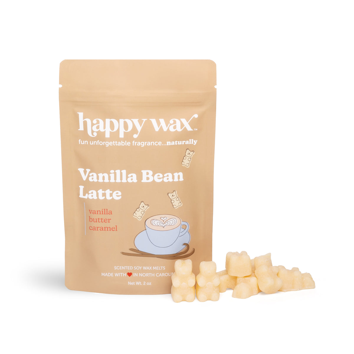 Tan kraft pouch of Happy Wax Vanilla Bean Latte wax melts with cream-colored wax melts displayed beside it.