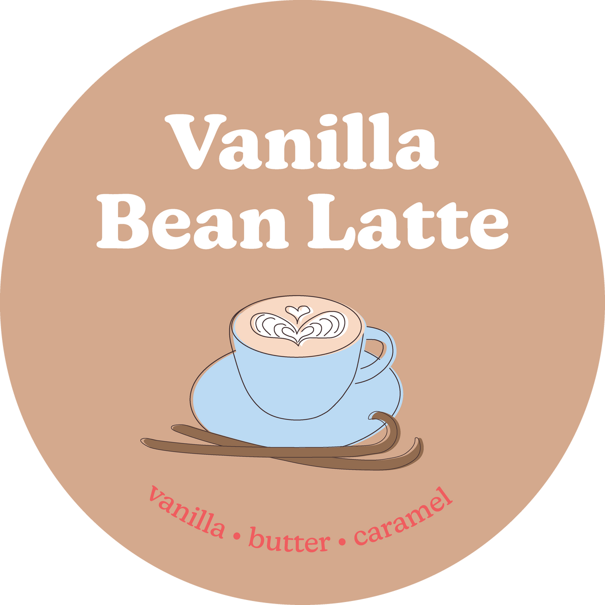 Tan circular label with "Vanilla Bean Latte" text and illustration of blue coffee cup with latte art and vanilla bean.