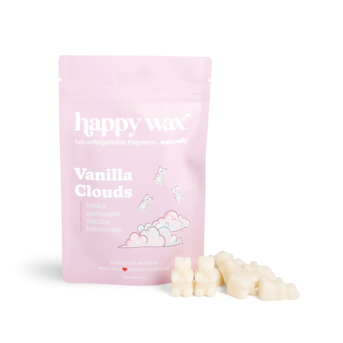 Pink pouch of happy wax brand Vanilla Clouds wax melts with cream-colored wax pieces displayed in front.