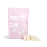 Pink pouch of happy wax brand Vanilla Clouds wax melts with cream-colored wax pieces displayed in front.