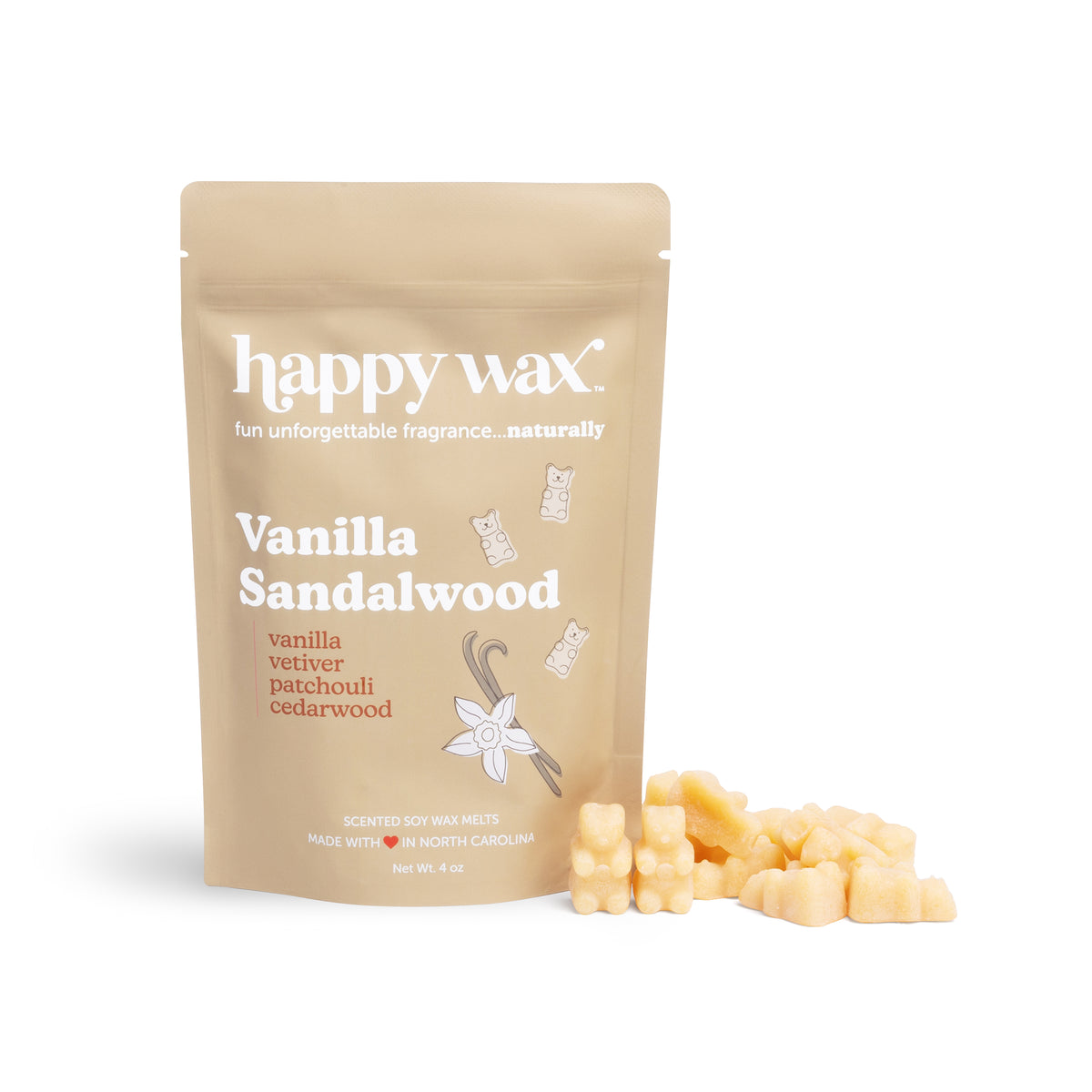 Tan pouch of vanilla sandalwood soy wax melts with cream-colored wax cubes displayed beside it.