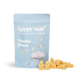 Light blue pouch of Happy Wax vanilla sugar scented soy wax melts with yellow wax pieces displayed in front.