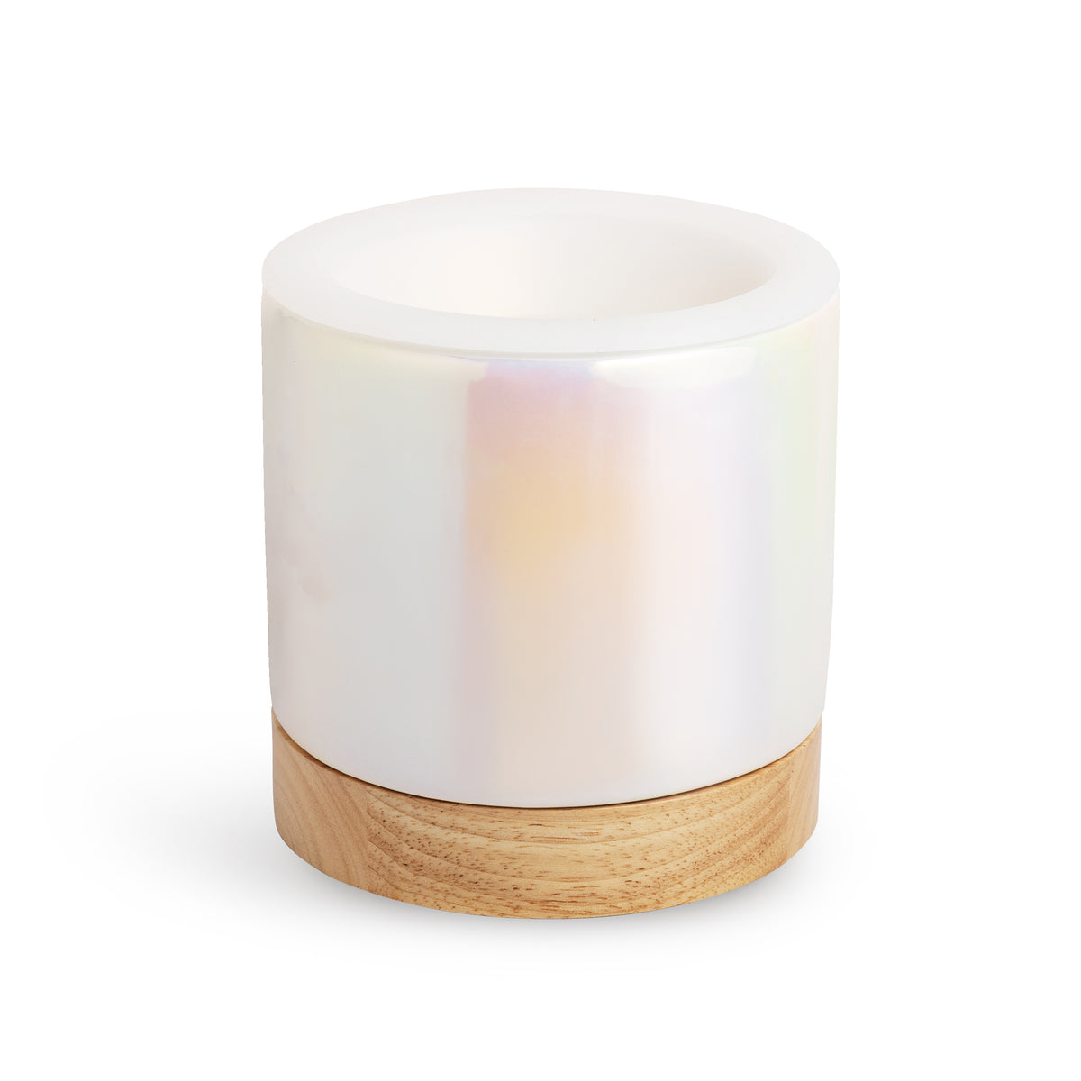 White ceramic wax warmer with wooden base and open top bowl.