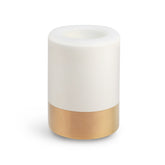 White ceramic wax warmer with gold-tone base and circular top opening.