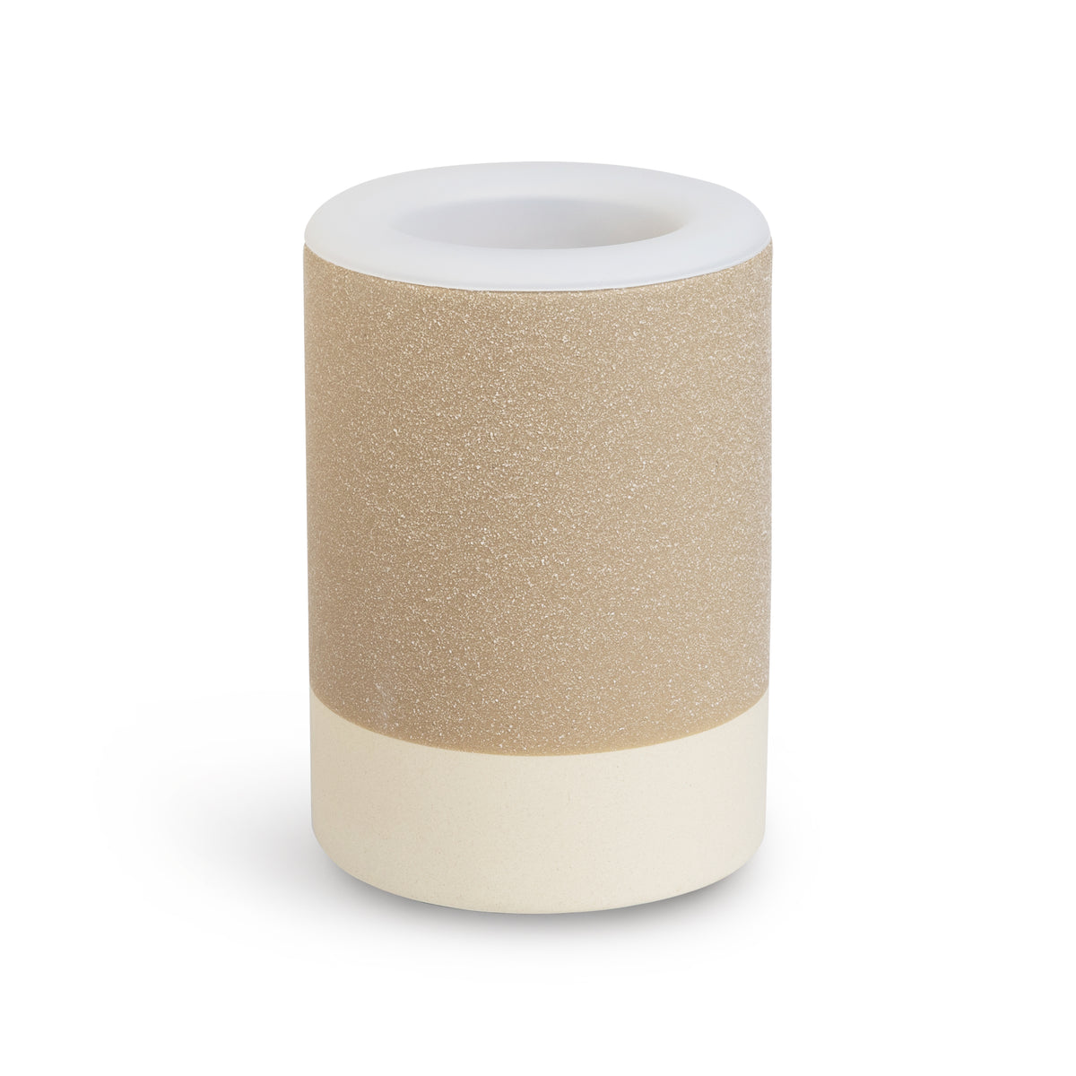 Cylindrical wax warmer with white ceramic top, tan glitter upper section, and cream base.
