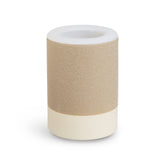 Cylindrical wax warmer with white ceramic top, tan glitter upper section, and cream base.