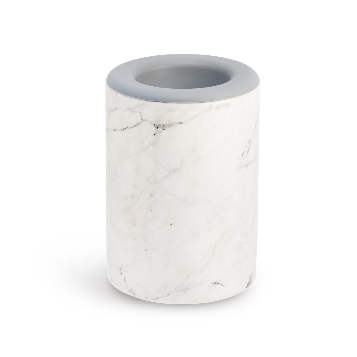 Cylindrical wax warmer with white marble texture and gray rim on top.