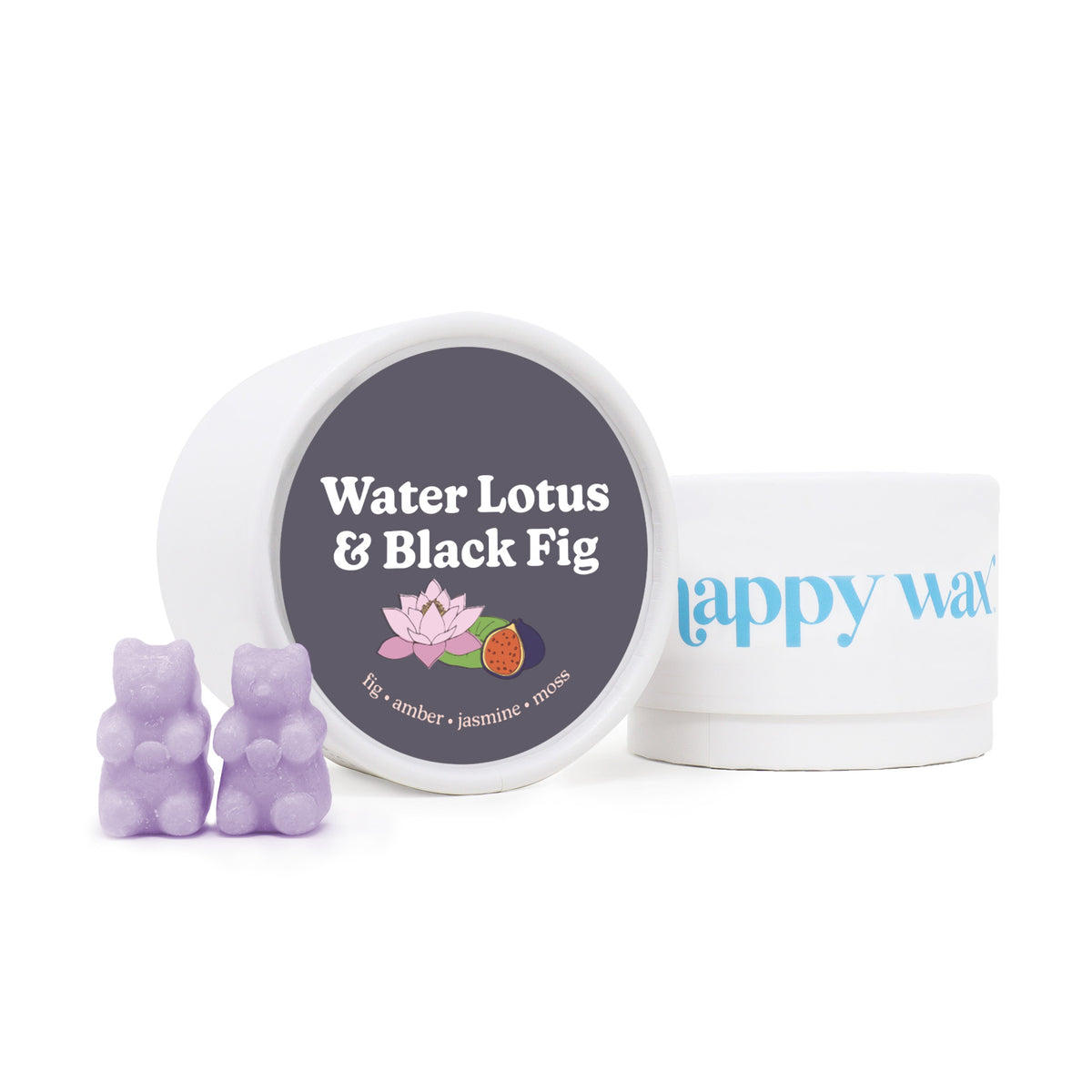 Purple wax melts in bear shapes next to a white container labeled "Water Lotus & Black Fig" with a dark lid featuring a pink 