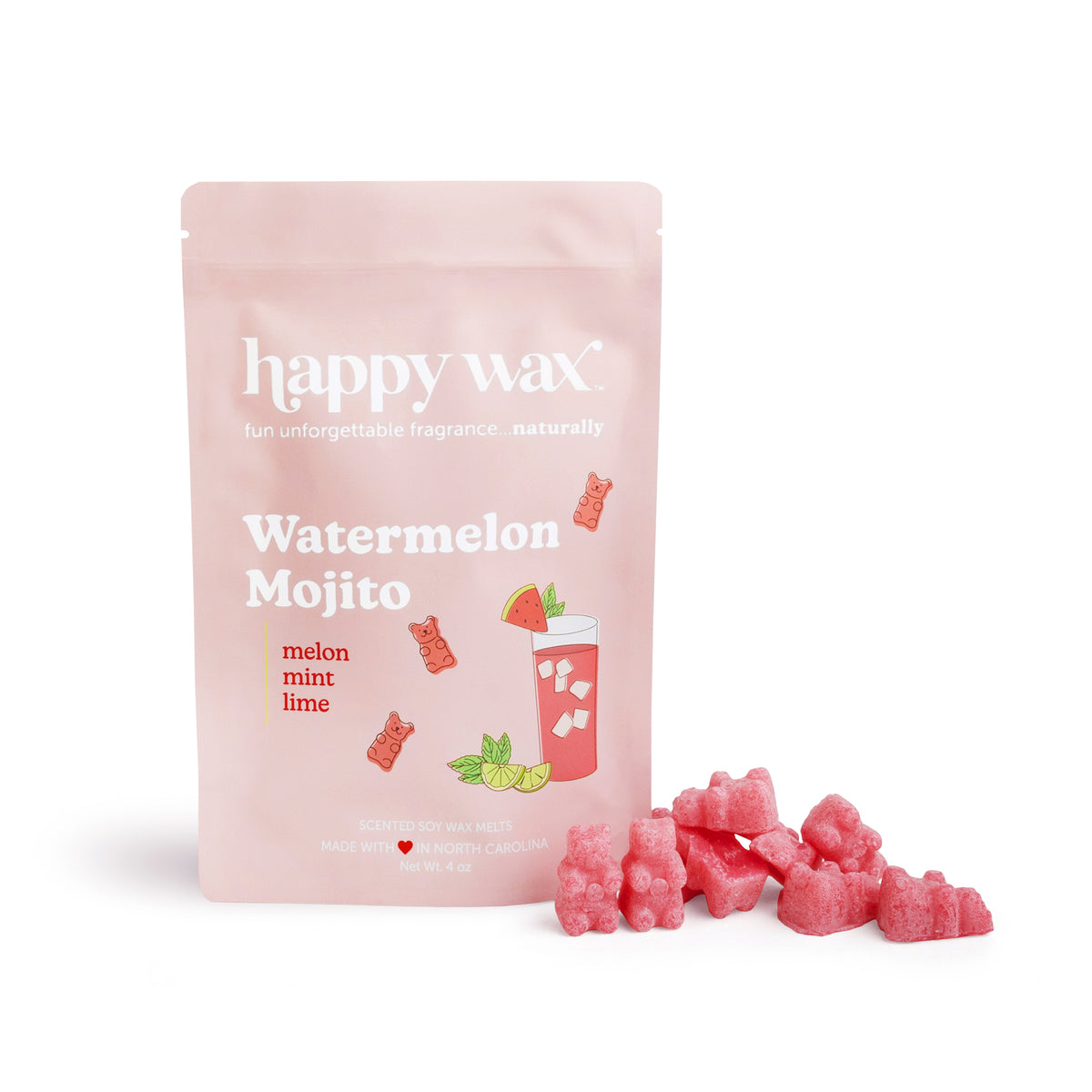 Happy Wax Watermelon Mojito wax melt packaging with wax melts on a white background