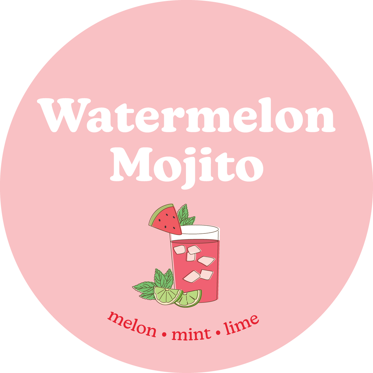 Round pink label with 'Watermelon Mojito' text and a drink illustration on a white background