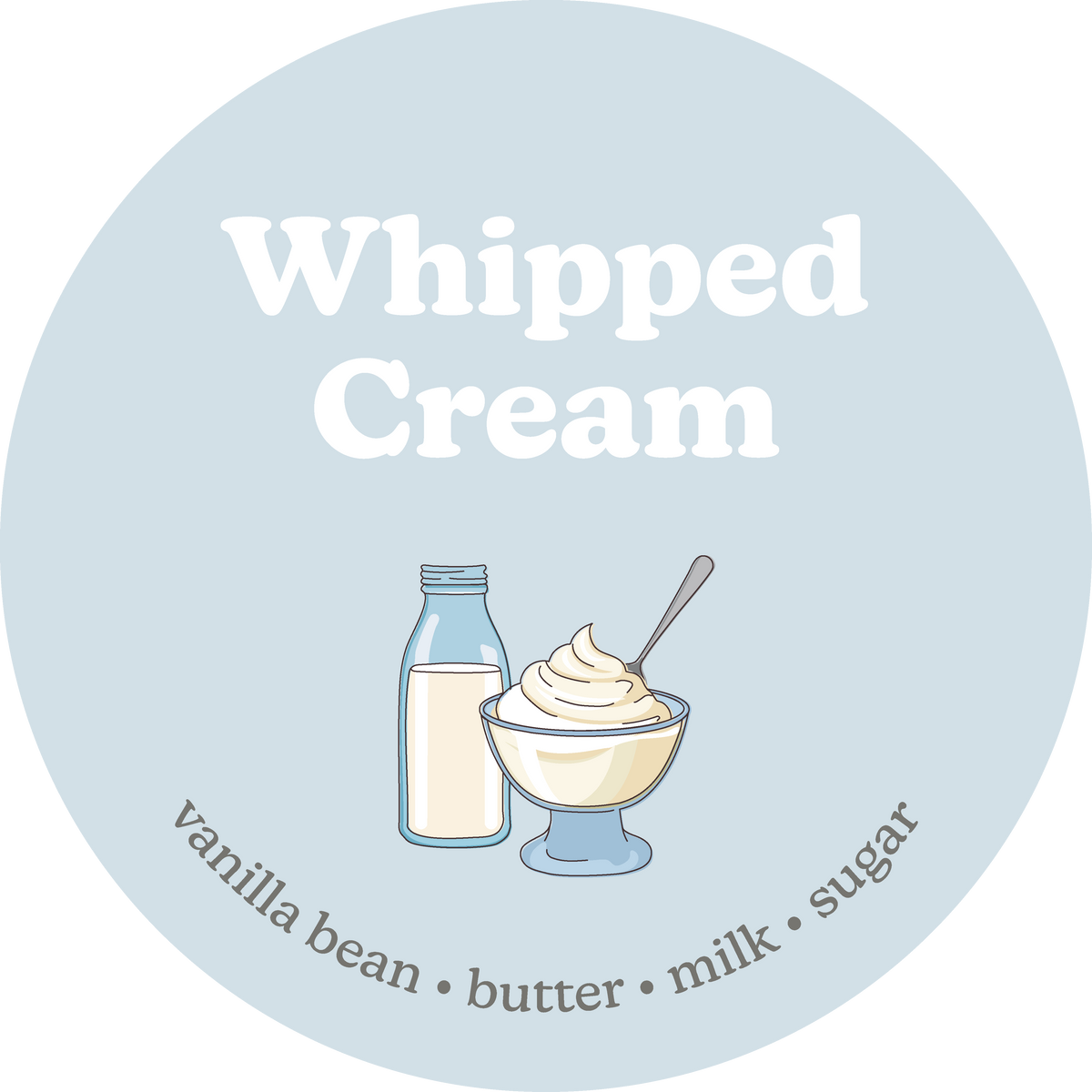 Light blue circular label with "Whipped Cream" text, milk bottle, bowl of whipped cream with spoon, and ingredient list.