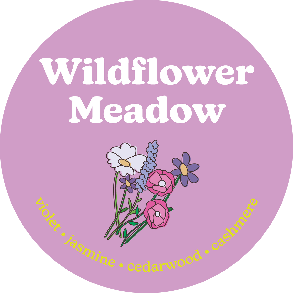 Purple circular wax melt container labeled "Wildflower Meadow" with illustrated wildflowers and scent notes including jasmine