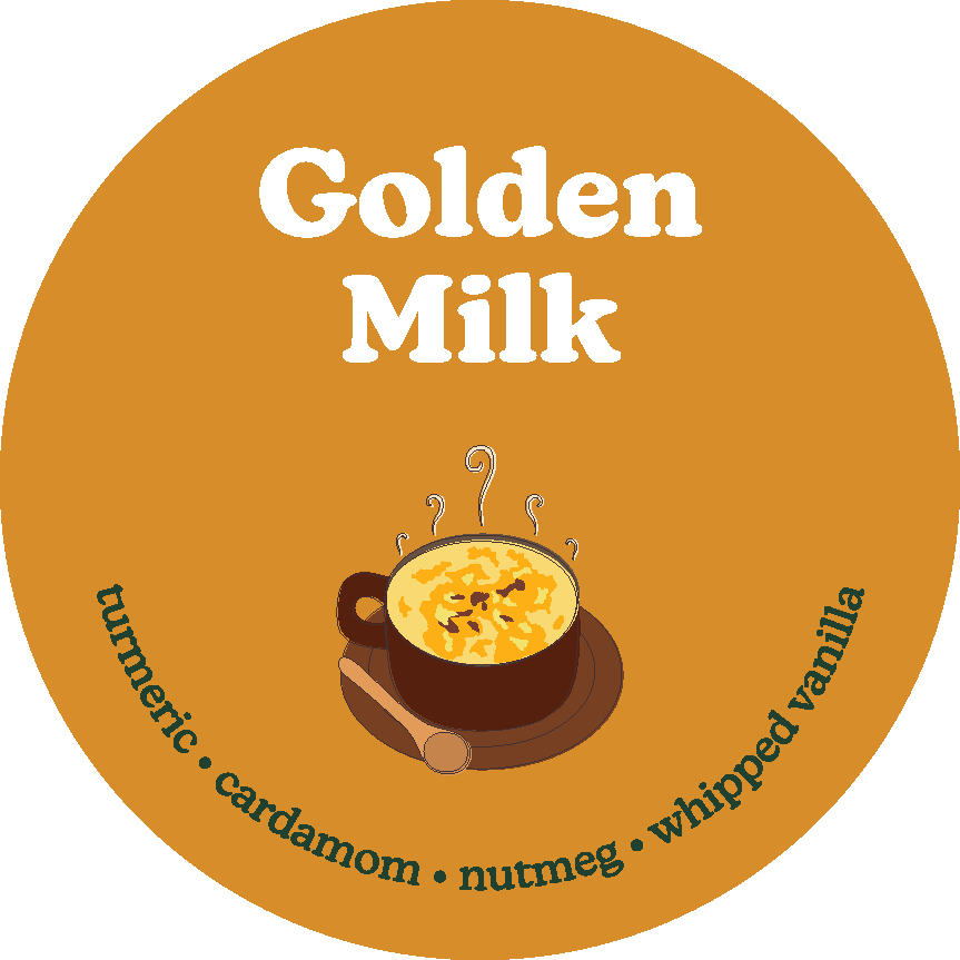 Golden circular wax melt label with white text and illustration of a steaming cup of golden milk with spice ingredients liste