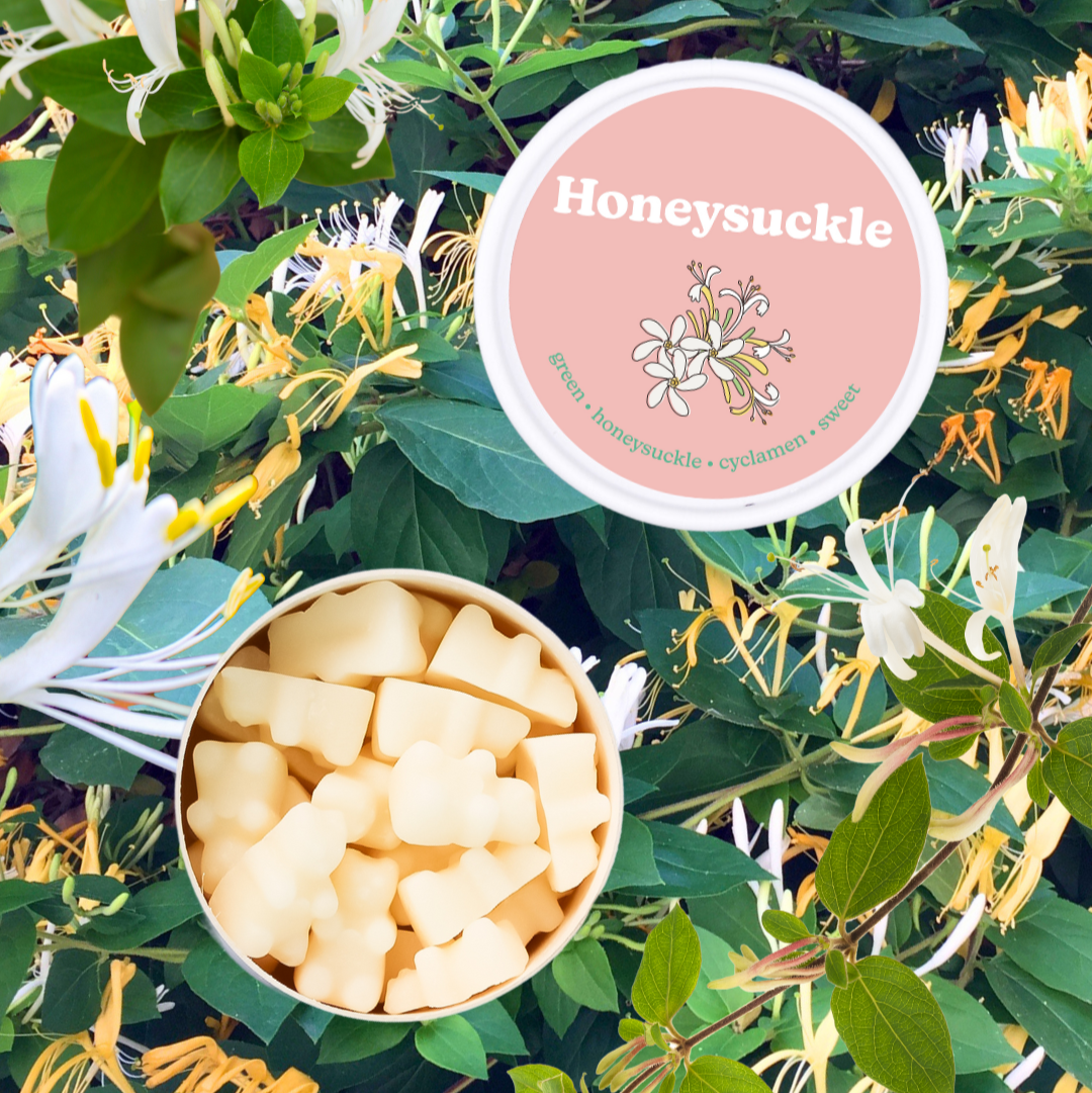 Pale yellow wax melts in white container with pink labeled lid on honeysuckle flower background.