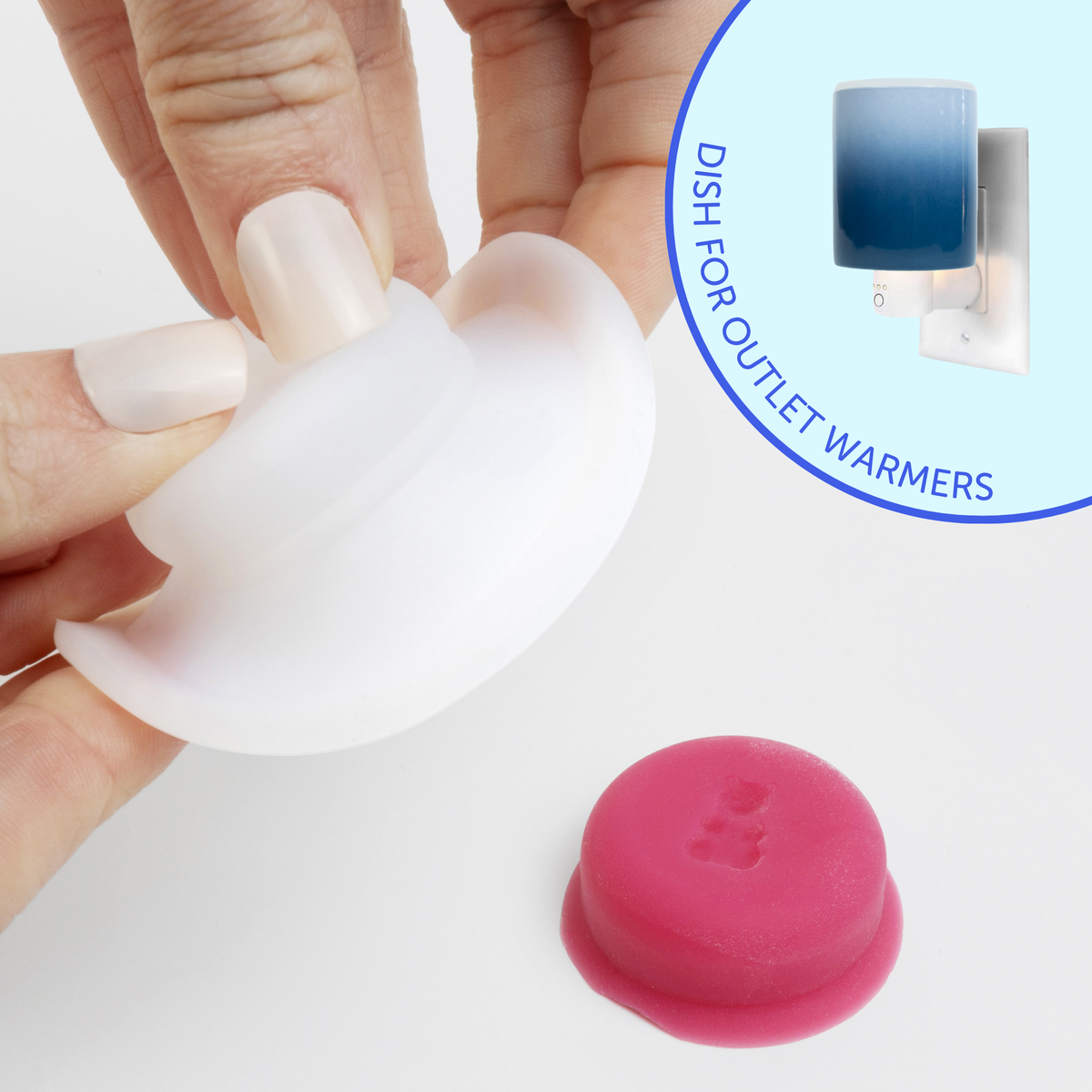 Hand holding white silicone wax melt dish with pink melt sample below and outlet warmer reference image.