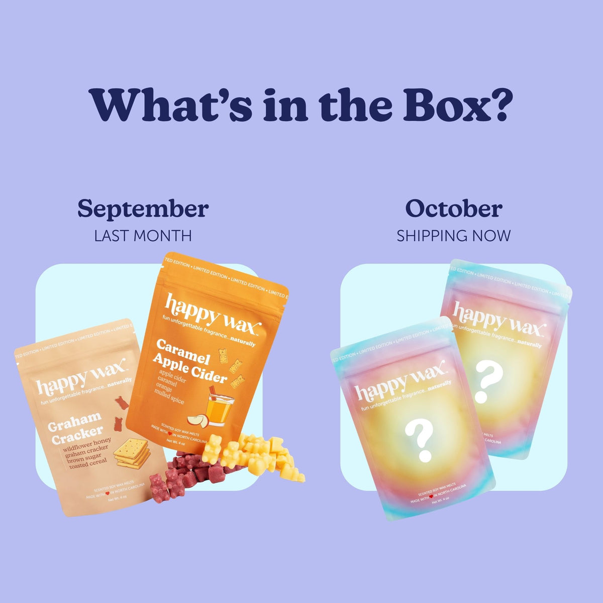 Two sections showing September's Graham Cracker and Caramel Apple Cider wax products beside October's mystery wax pouches wit
