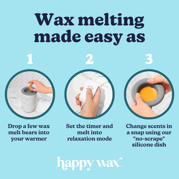 White marble wax warmer with three instructional steps showing wax melting process and silicone dish for scent changes.